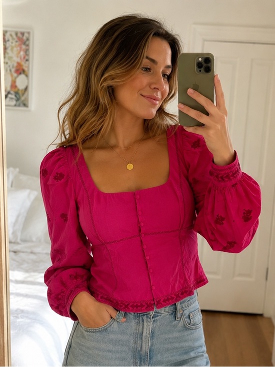 Wilfred Tops - Wilfred La Bohème Fuchsia Embroidered Peasant Blouse Cottagecore Puff Sleeves